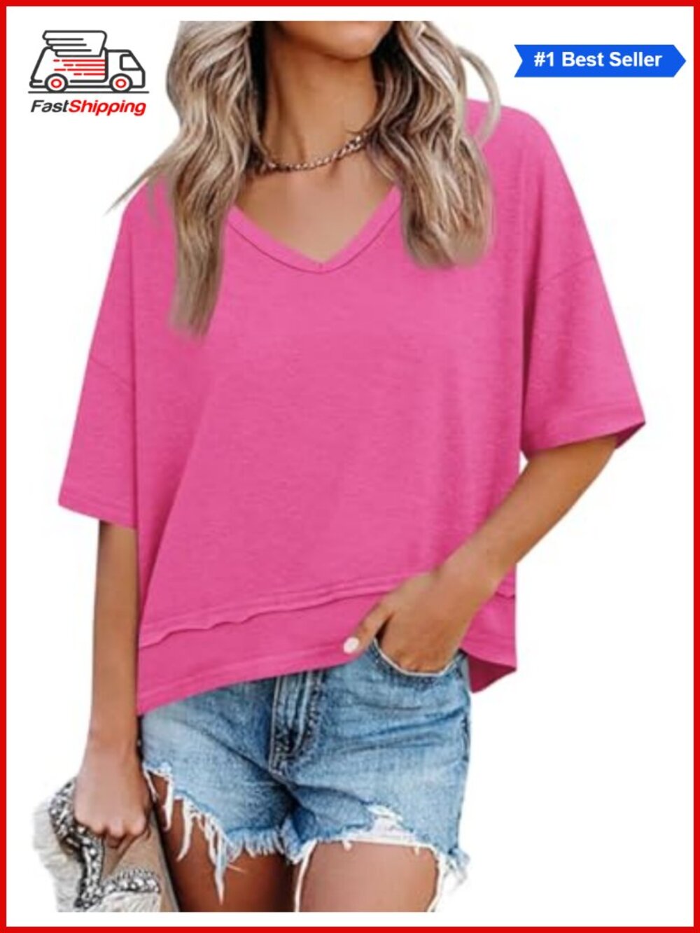 Women's Summer V Neck Loose Fit Oversized Casual Top Polyester Cotton Elastane